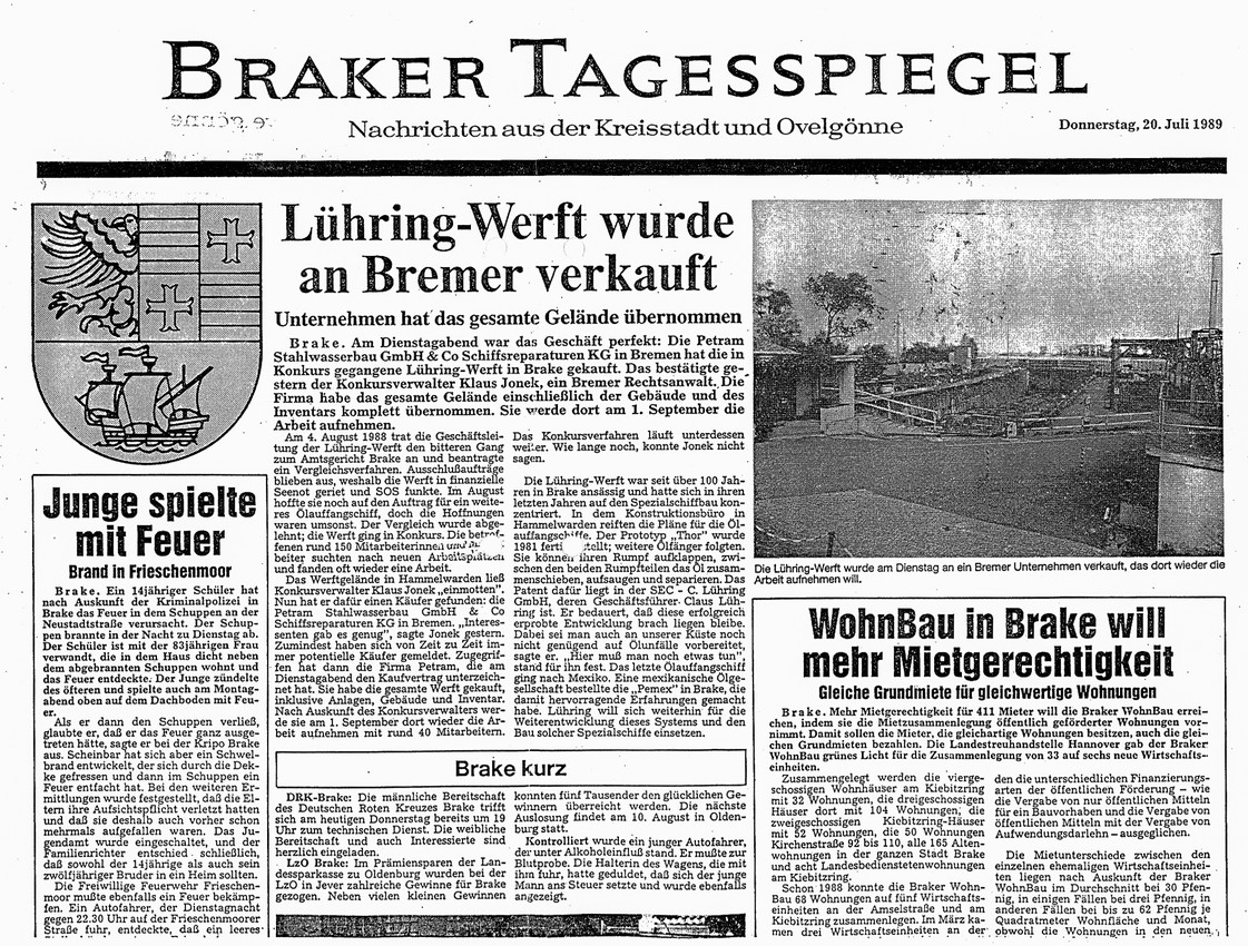 Kauf der ehemaligen Lühring Werft, Brake