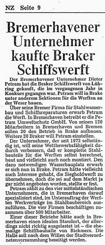 Kauf der ehemaligen Lühring Werft, Brake